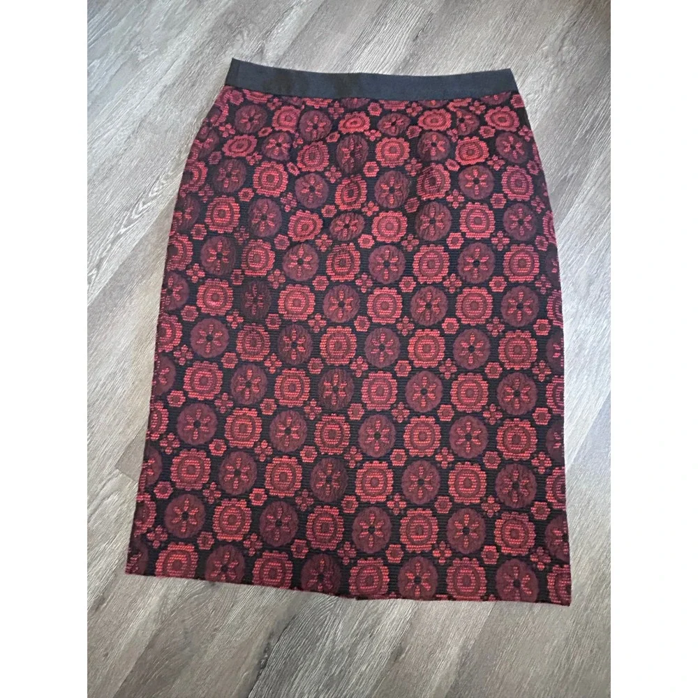 Boden Red Black Jacquard Floral Pencil Skirt US 8L Lined Knee Length Academia